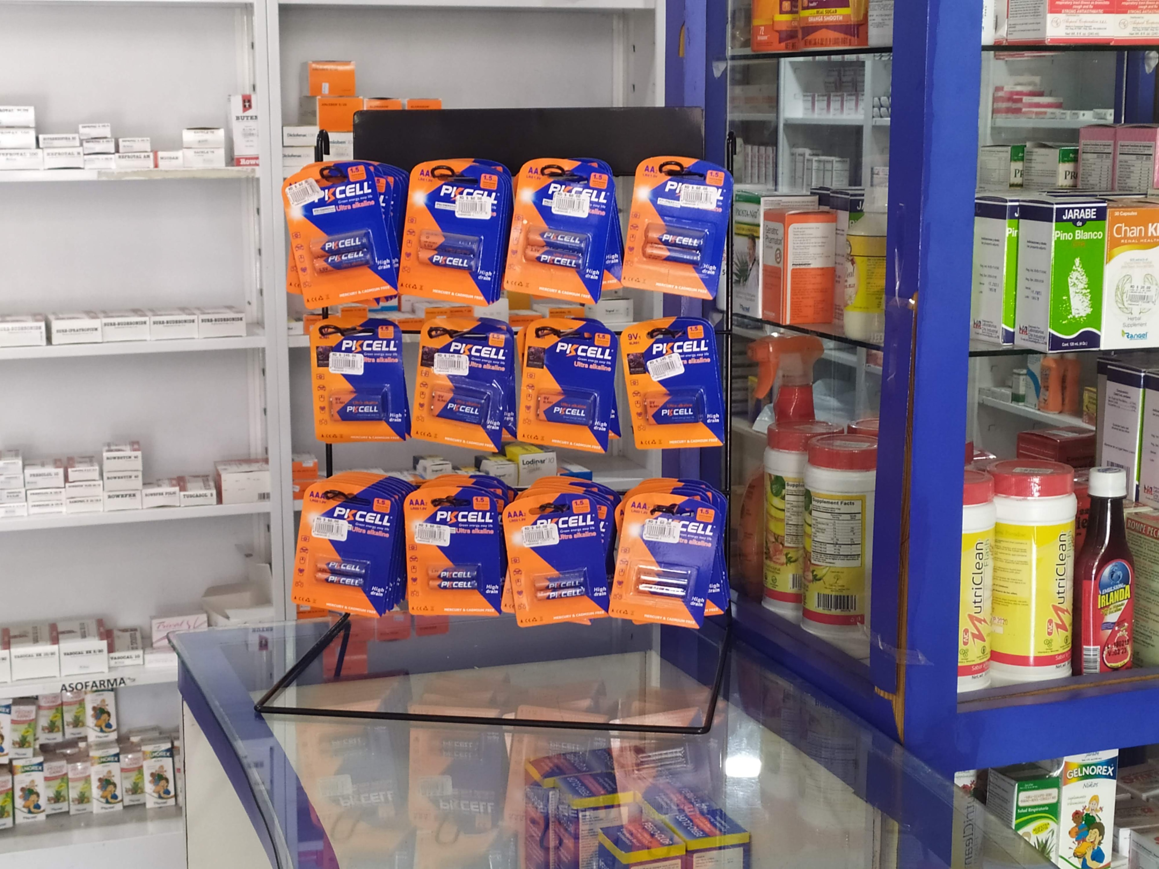 PKCELL Ultra Alkaline battery display stand inside pharmacy