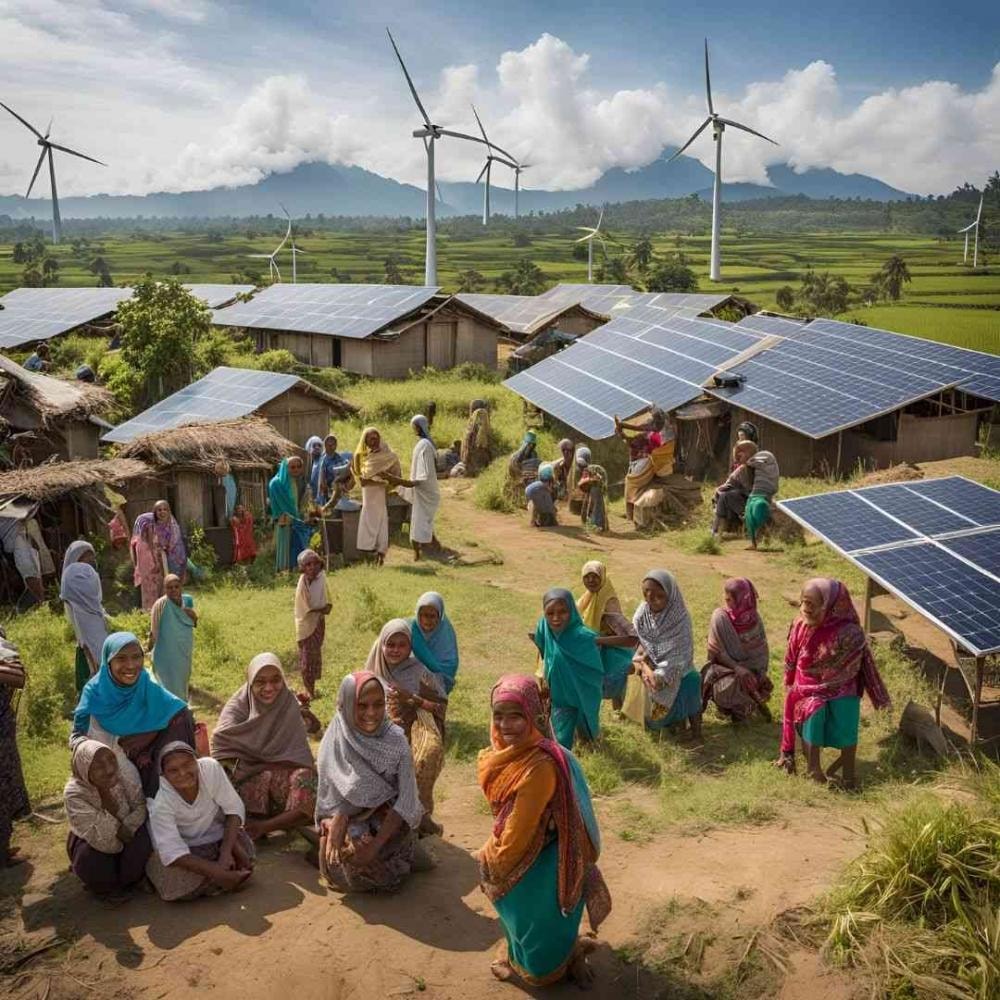 Rural community with solar panels and wind turbines — IPSU Energy humanitarian energy project