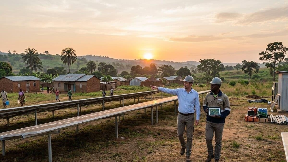 IPSU Energy engineers inspecting solar installation in rural African community at sunset